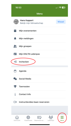 Incheck via menu knop